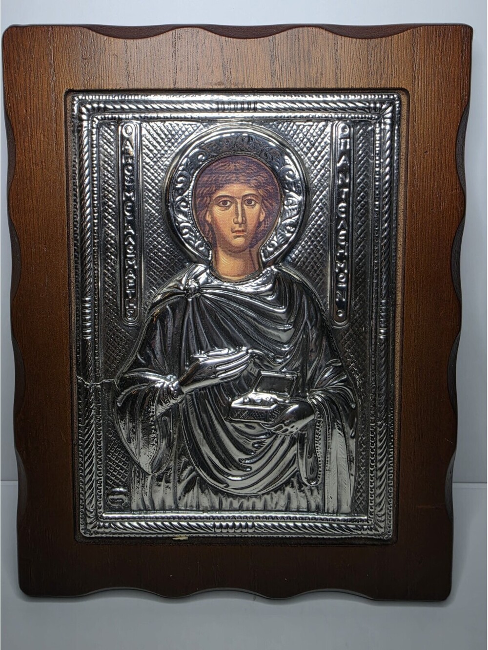 SLEVORI 925 Silver Saint Panteleimon Greek Orthodox Plaque Icon Large 9.5"
